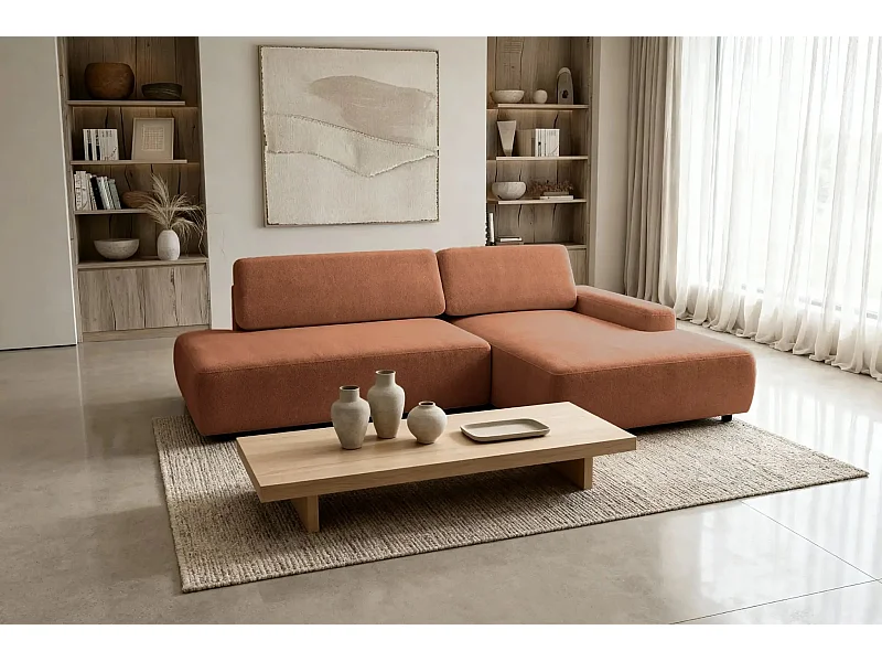 IVY O - Canapé d'angle convertible coffre tissu chiné 3 places - Terracotta - Droit