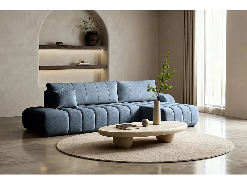 CELESTE - Canapé d'angle convertible tissu bouclette 4 places - Bleu - Droit