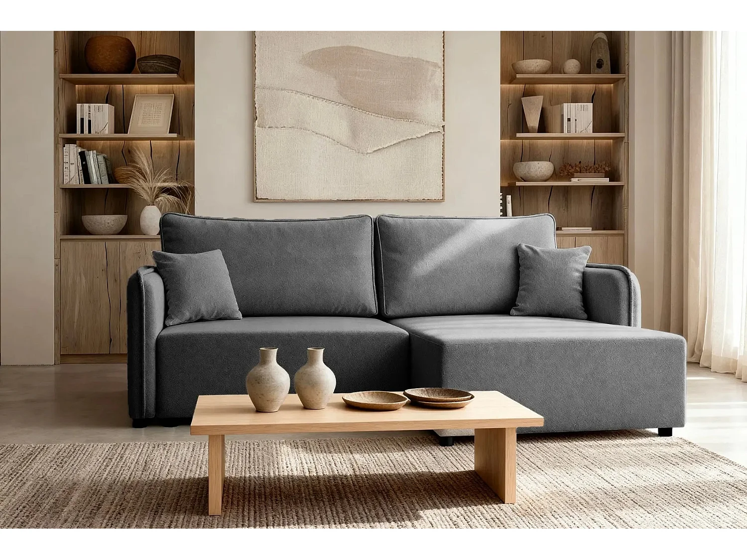 BONNIE - Canapé d'angle convertible tissu lisse 3 places - Gris foncé - Gauche