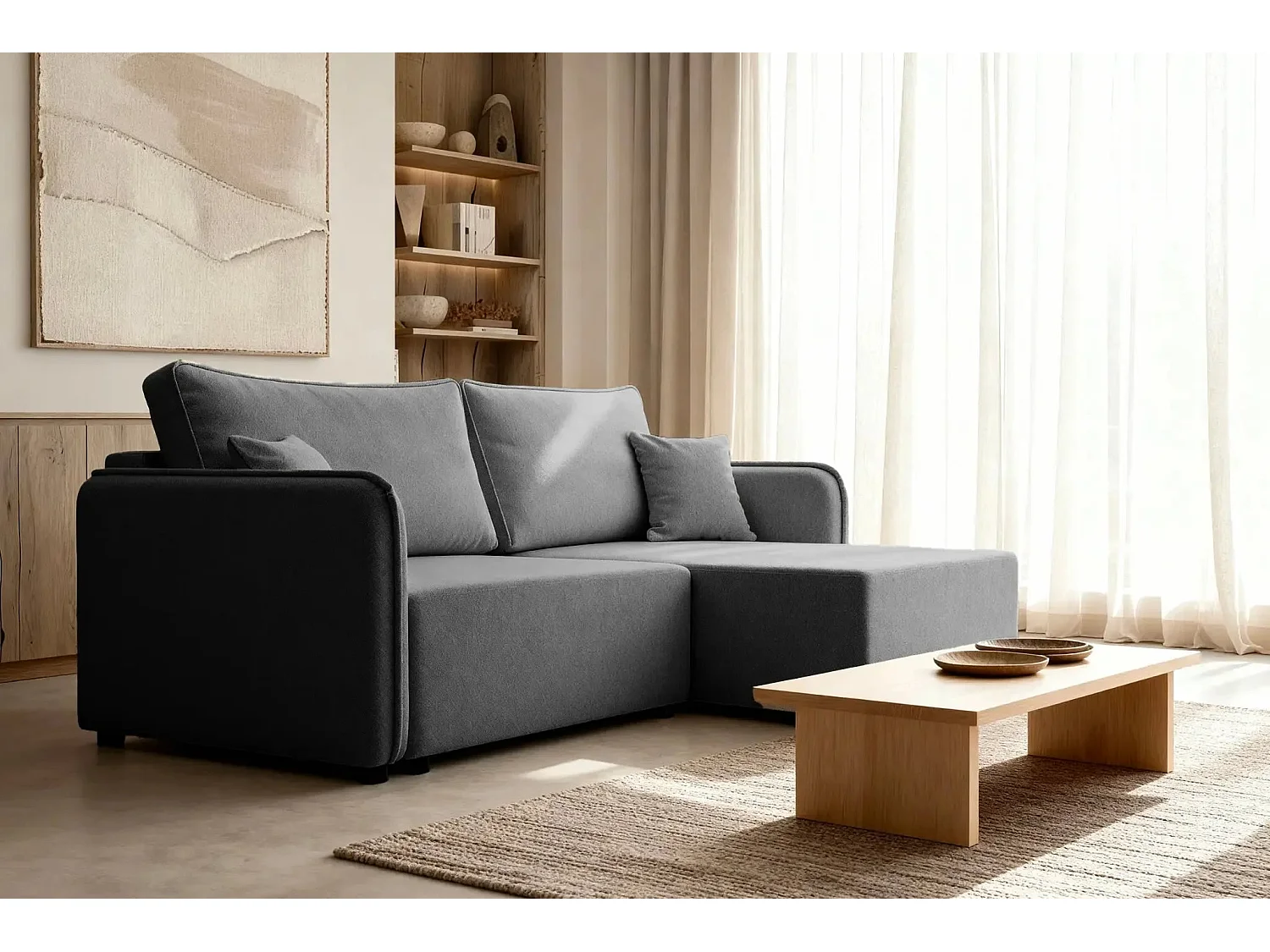 BONNIE - Canapé d'angle convertible tissu lisse 3 places - Gris foncé - Gauche