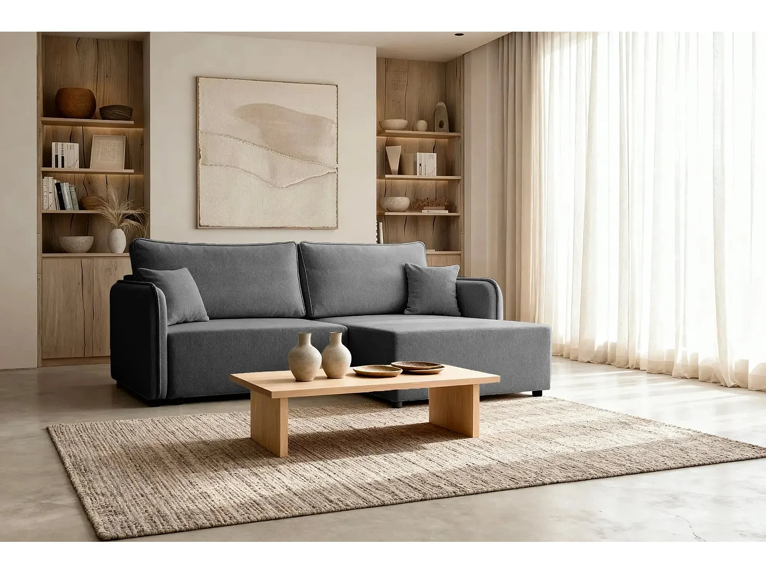 BONNIE - Canapé d'angle convertible tissu lisse 3 places - Gris foncé - Gauche