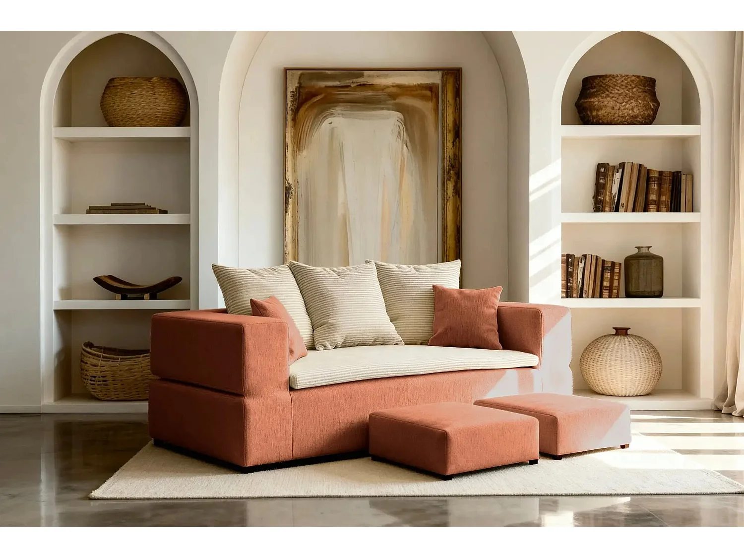 AMBRE - Canapé droit convertible bi matière avec deux poufs 4 places - Terracotta