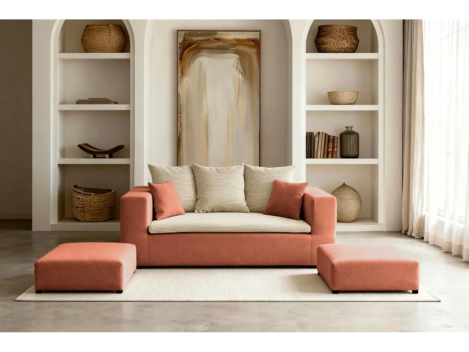 AMBRE - Canapé droit convertible bi matière avec deux poufs 4 places - Terracotta