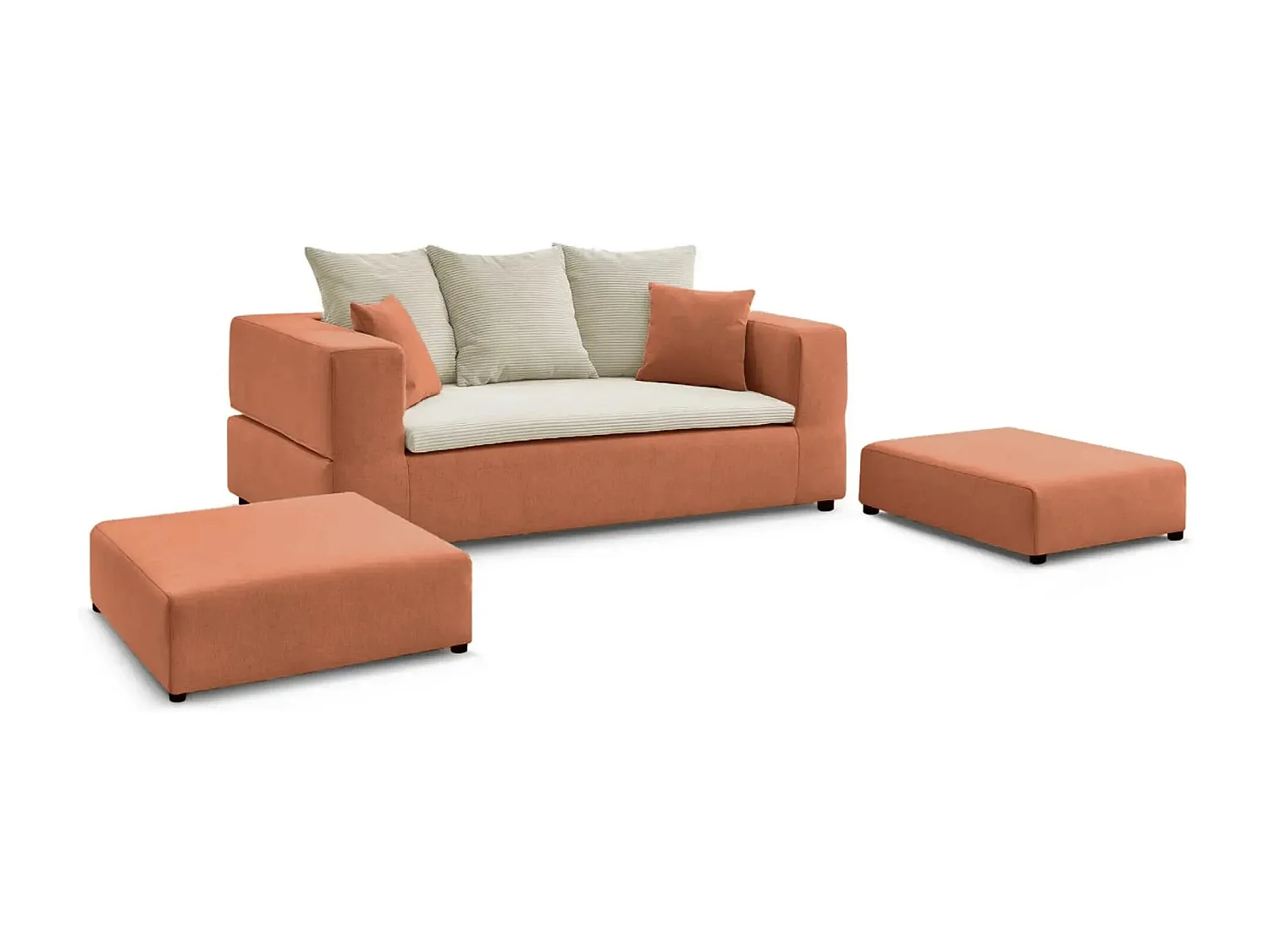 AMBRE - Canapé droit convertible bi matière avec deux poufs 4 places - Terracotta