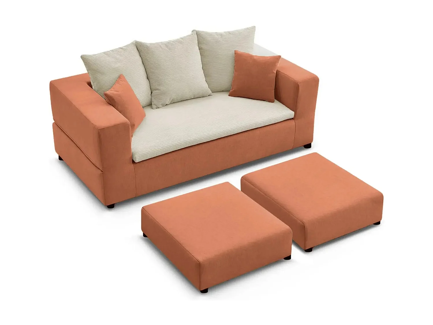 AMBRE - Canapé droit convertible bi matière avec deux poufs 4 places - Terracotta