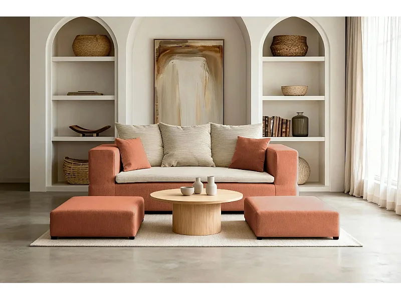 AMBRE - Canapé droit convertible bi matière avec deux poufs 4 places - Terracotta