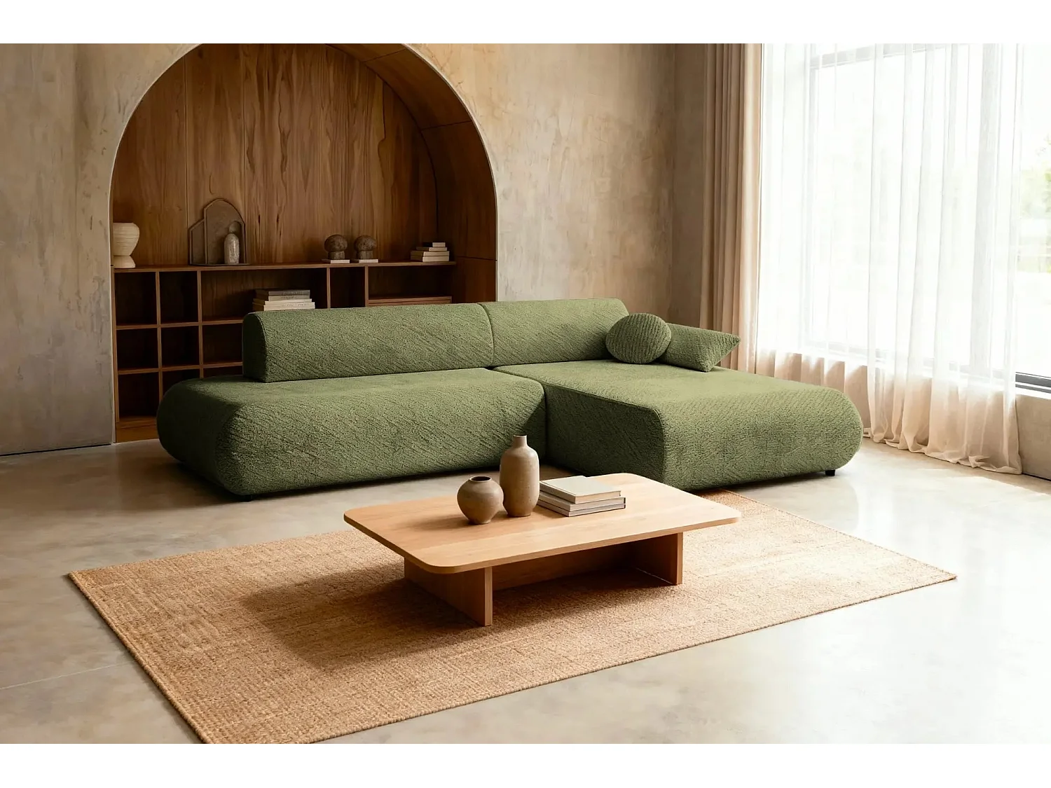 LEVI - Canapé d'angle convertible tissu lisse 3 places - Vert - Droit