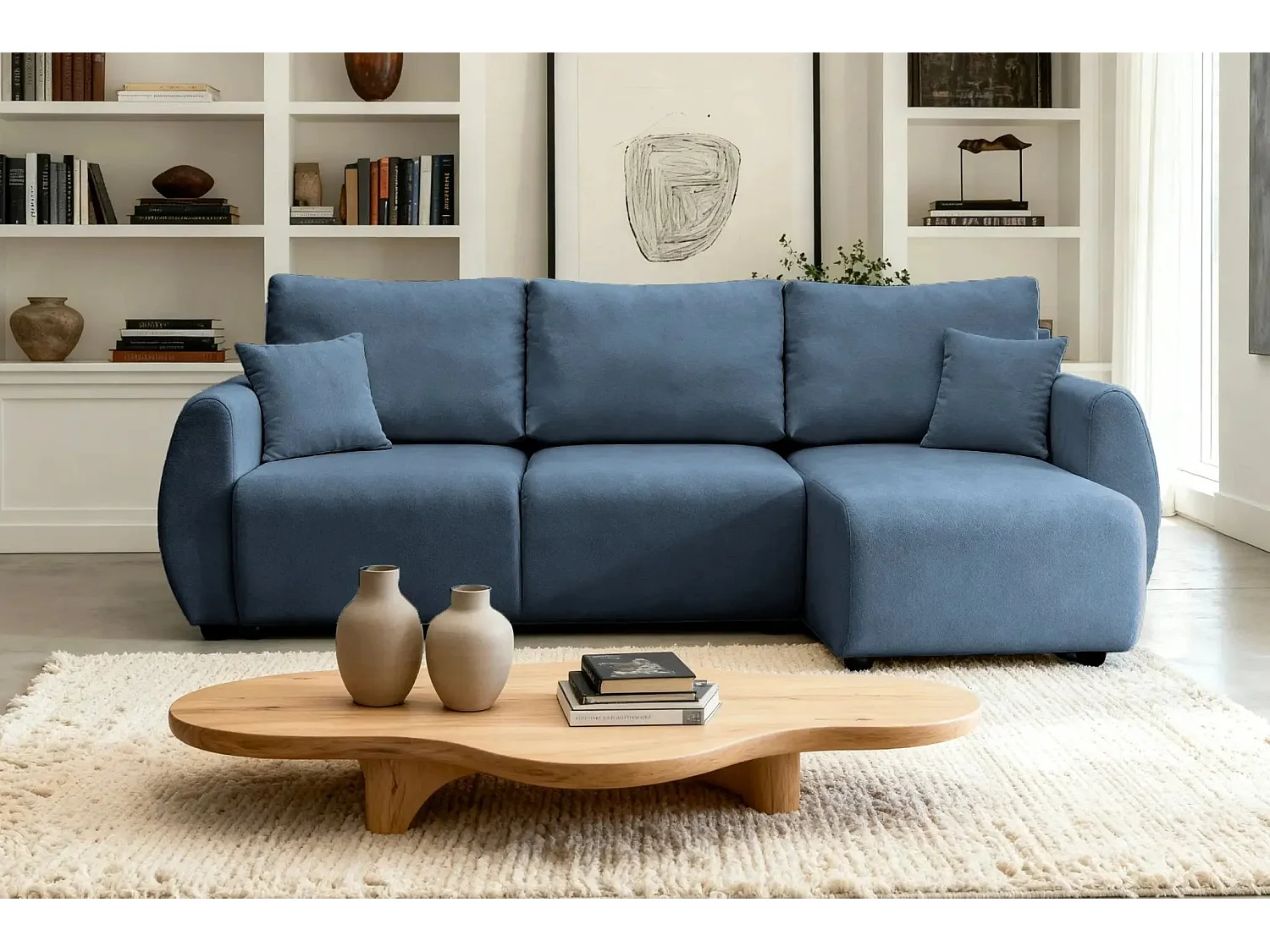 HERA - Canapé d'angle convertible tissu doux 3 places - Bleu