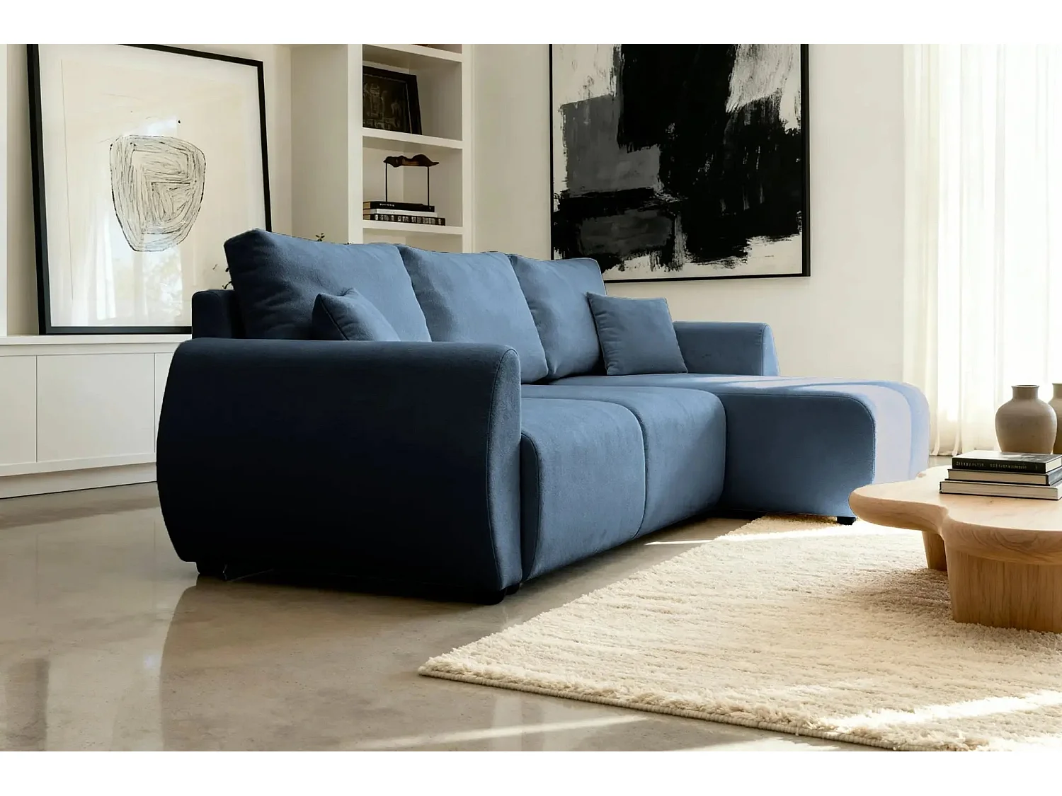 HERA - Canapé d'angle convertible tissu doux 3 places - Bleu