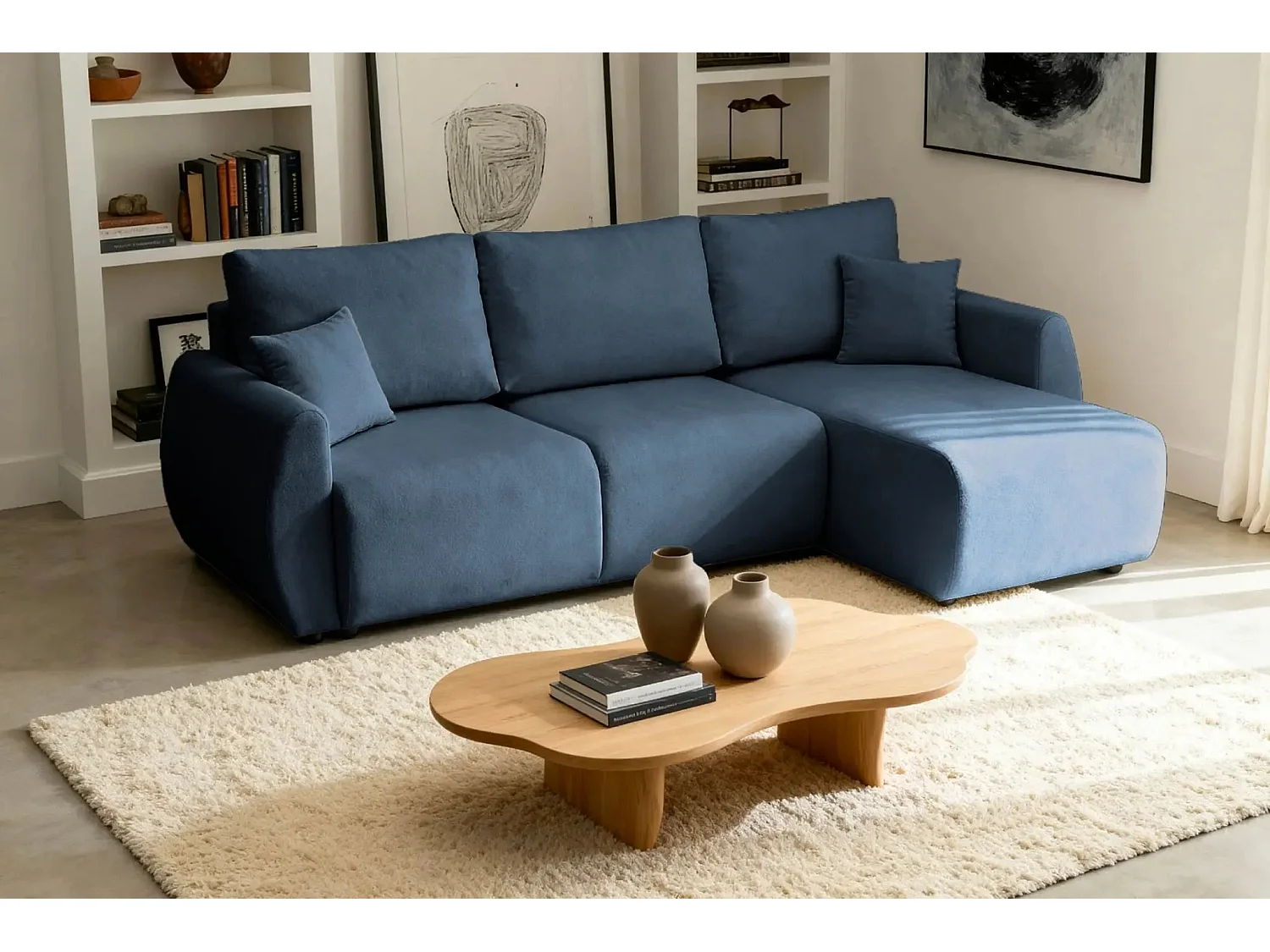 HERA - Canapé d'angle convertible tissu doux 3 places - Bleu