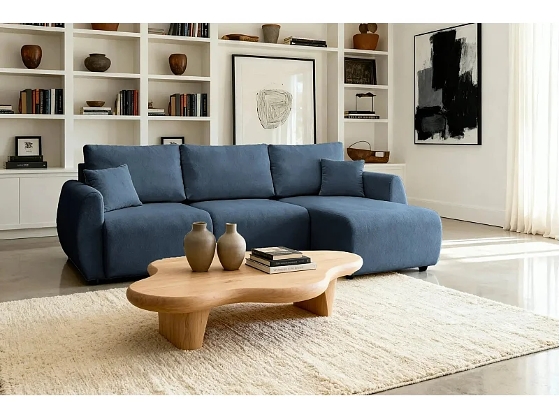 HERA - Canapé d'angle convertible tissu doux 3 places - Bleu