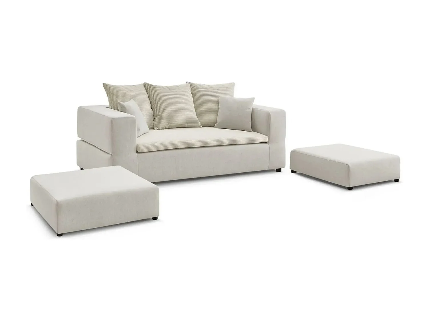AMBRE - Canapé droit convertible bi matière avec deux poufs 4 places - Beige