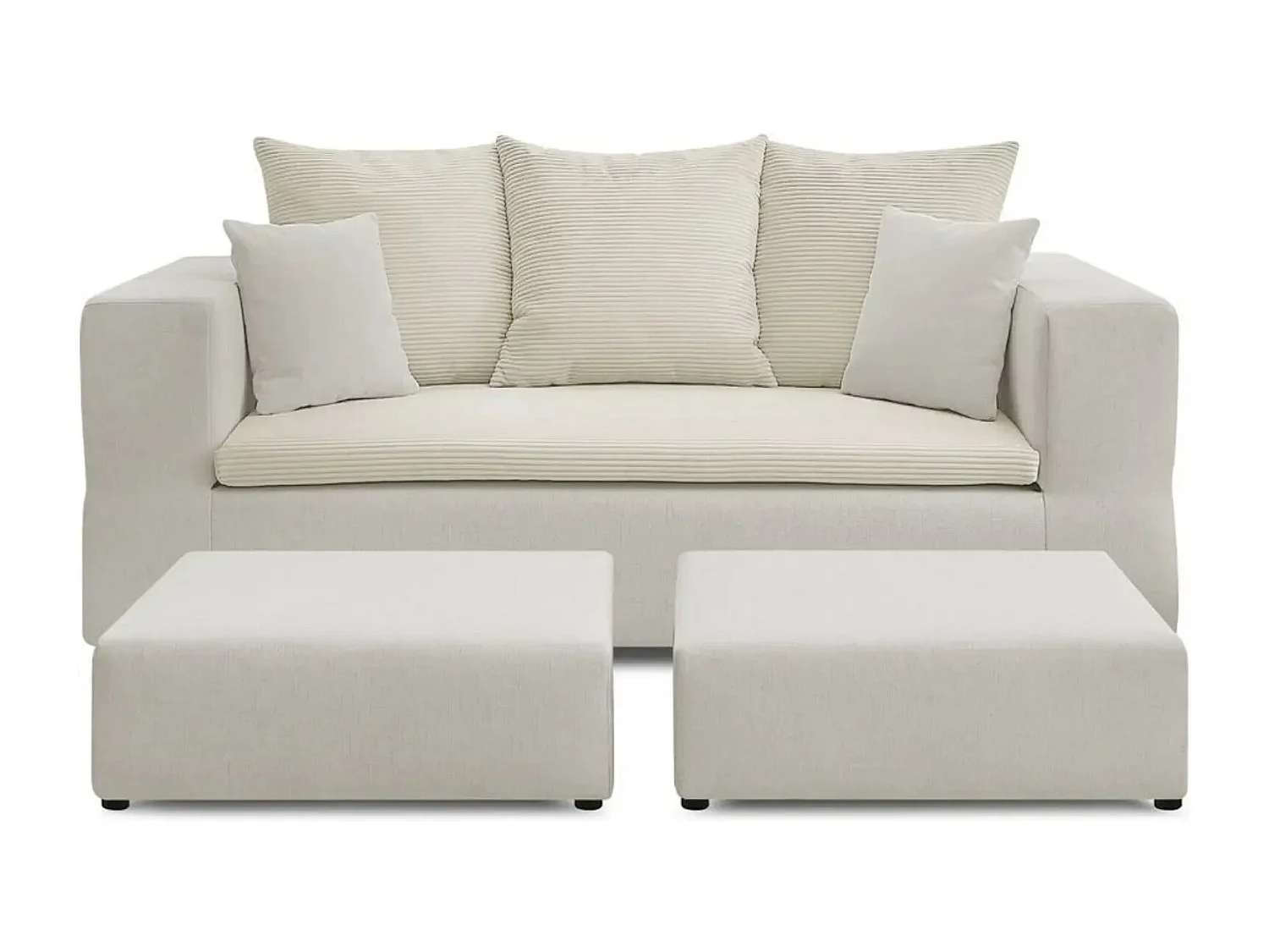 AMBRE - Canapé droit convertible bi matière avec deux poufs 4 places - Beige