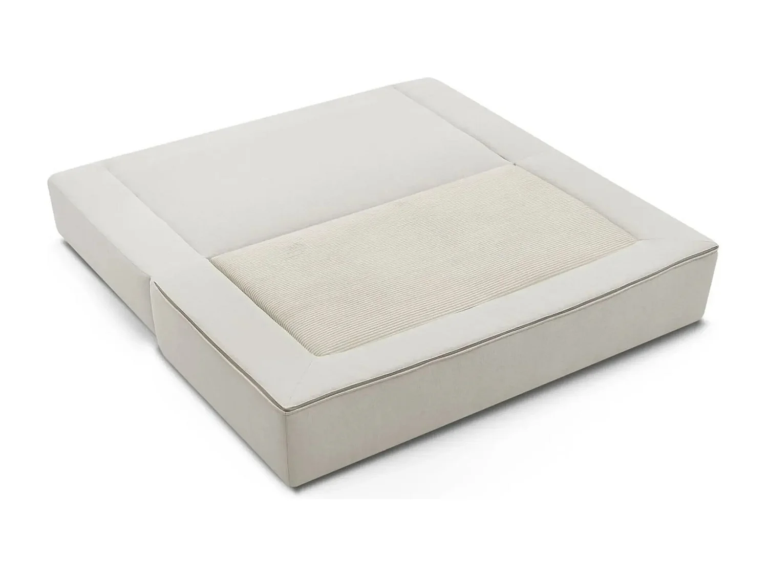 AMBRE - Canapé droit convertible bi matière avec deux poufs 4 places - Beige