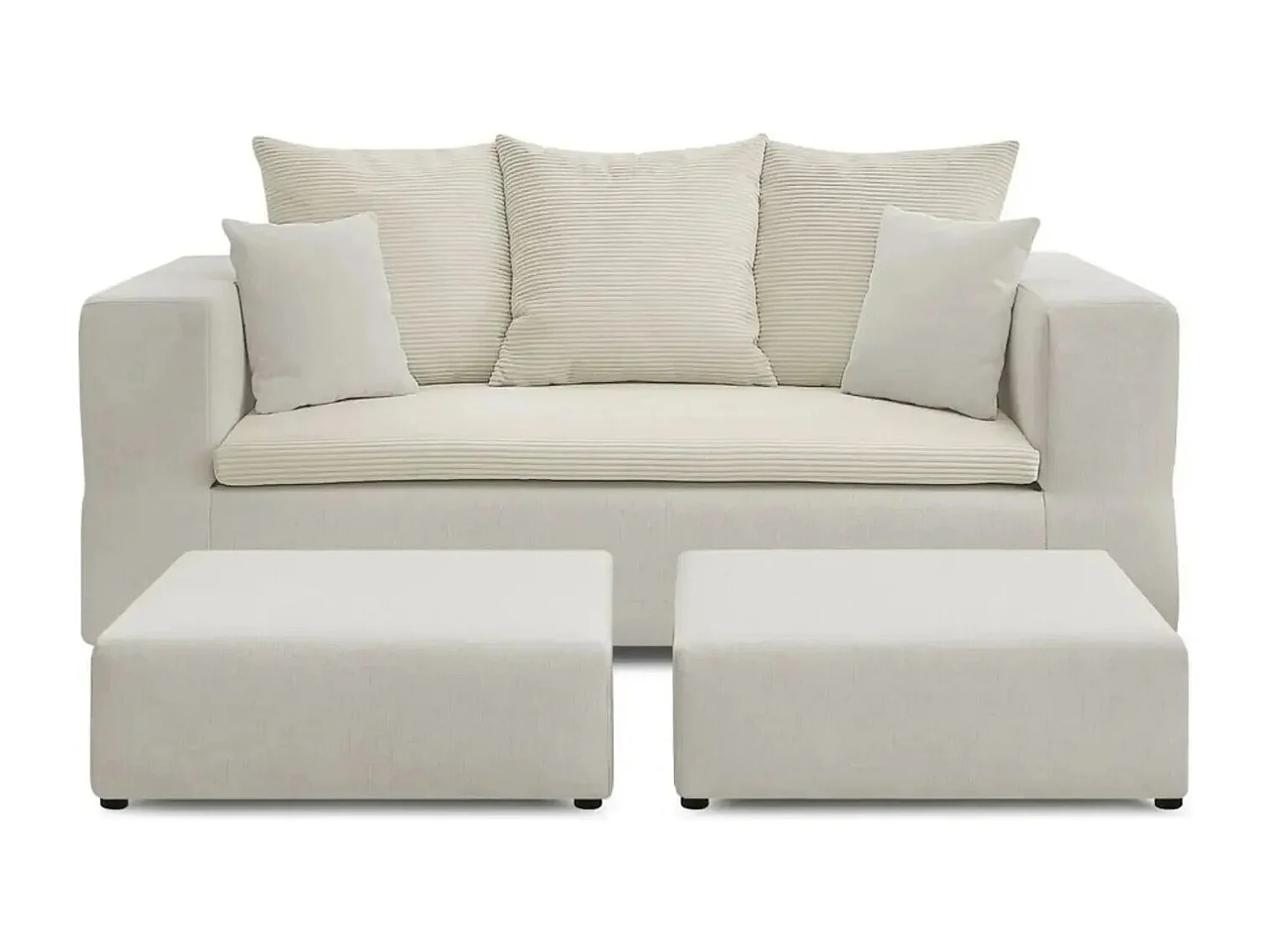 AMBRE - Canapé droit convertible bi matière avec deux poufs 4 places - Beige