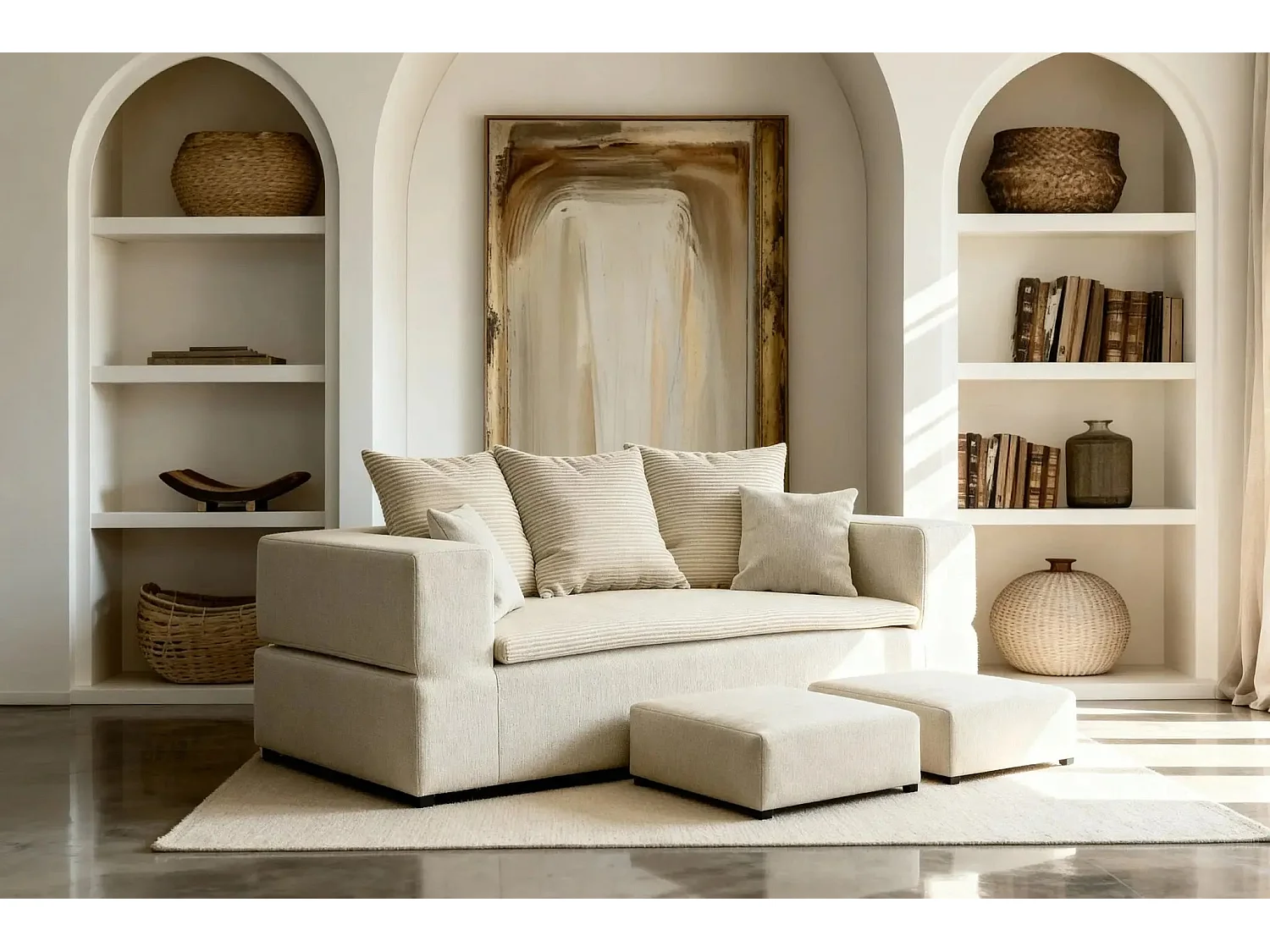 AMBRE - Canapé droit convertible bi matière avec deux poufs 4 places - Beige