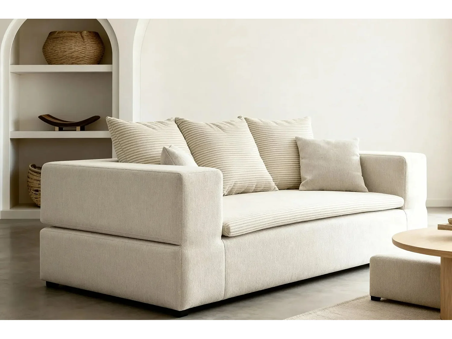 AMBRE - Canapé droit convertible bi matière avec deux poufs 4 places - Beige