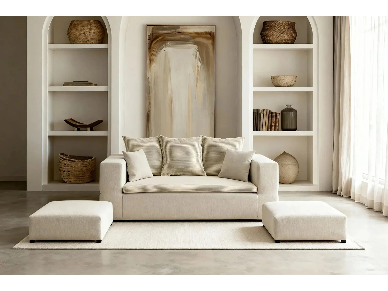 AMBRE - Canapé droit convertible bi matière avec deux poufs 4 places - Beige