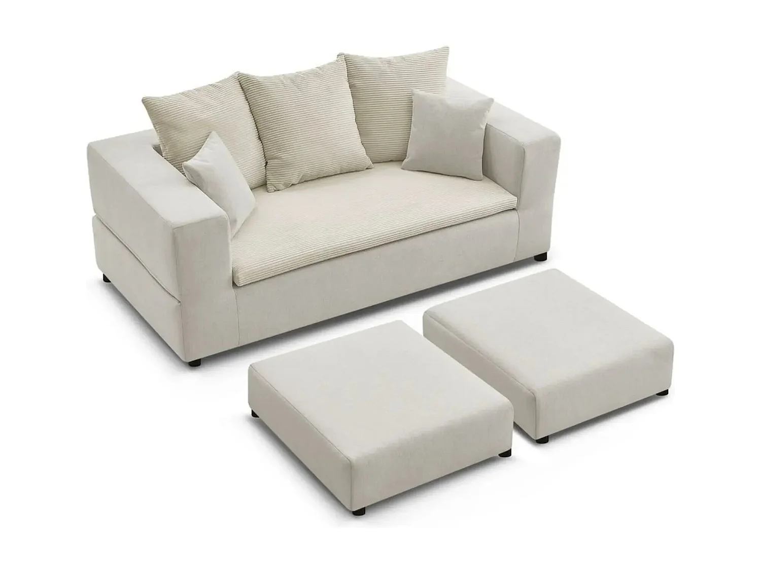 AMBRE - Canapé droit convertible bi matière avec deux poufs 4 places - Beige