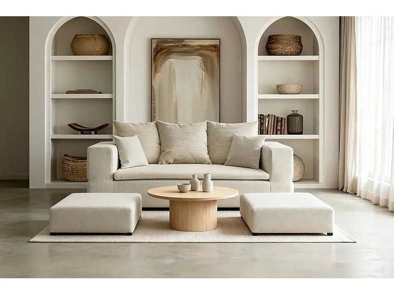 AMBRE - Canapé droit convertible bi matière avec deux poufs 4 places - Beige