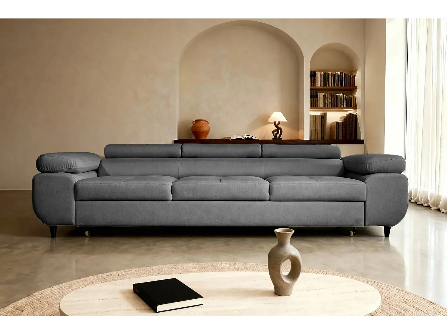 CHARLIE - Canapé droit convertible tissu chiné 3 places - Gris foncé