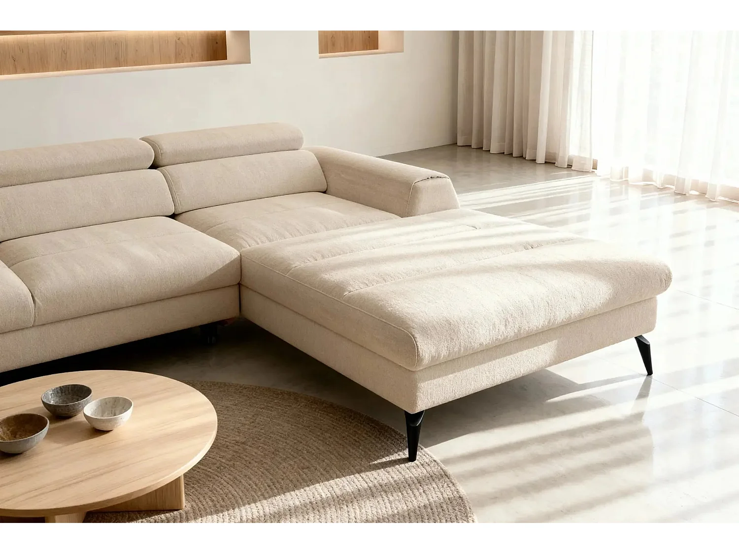 CLOVIS - Canapé d'angle convertible tissu chiné 4 places - Beige - Gauche