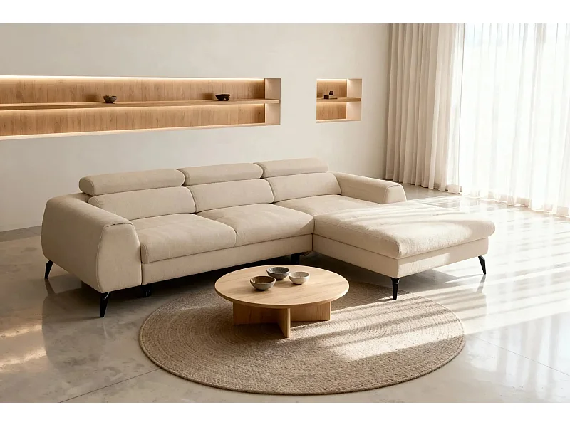 CLOVIS - Canapé d'angle convertible tissu chiné 4 places - Beige - Gauche