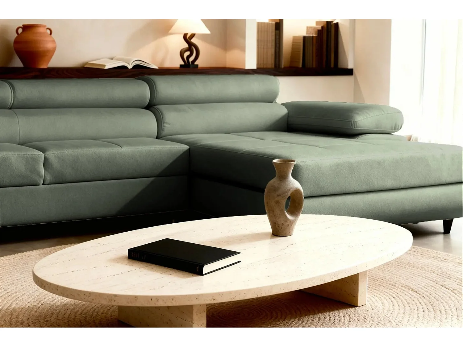 CHARLIE - Canapé d'angle convertible tissu chiné 4 places - Vert - Droit