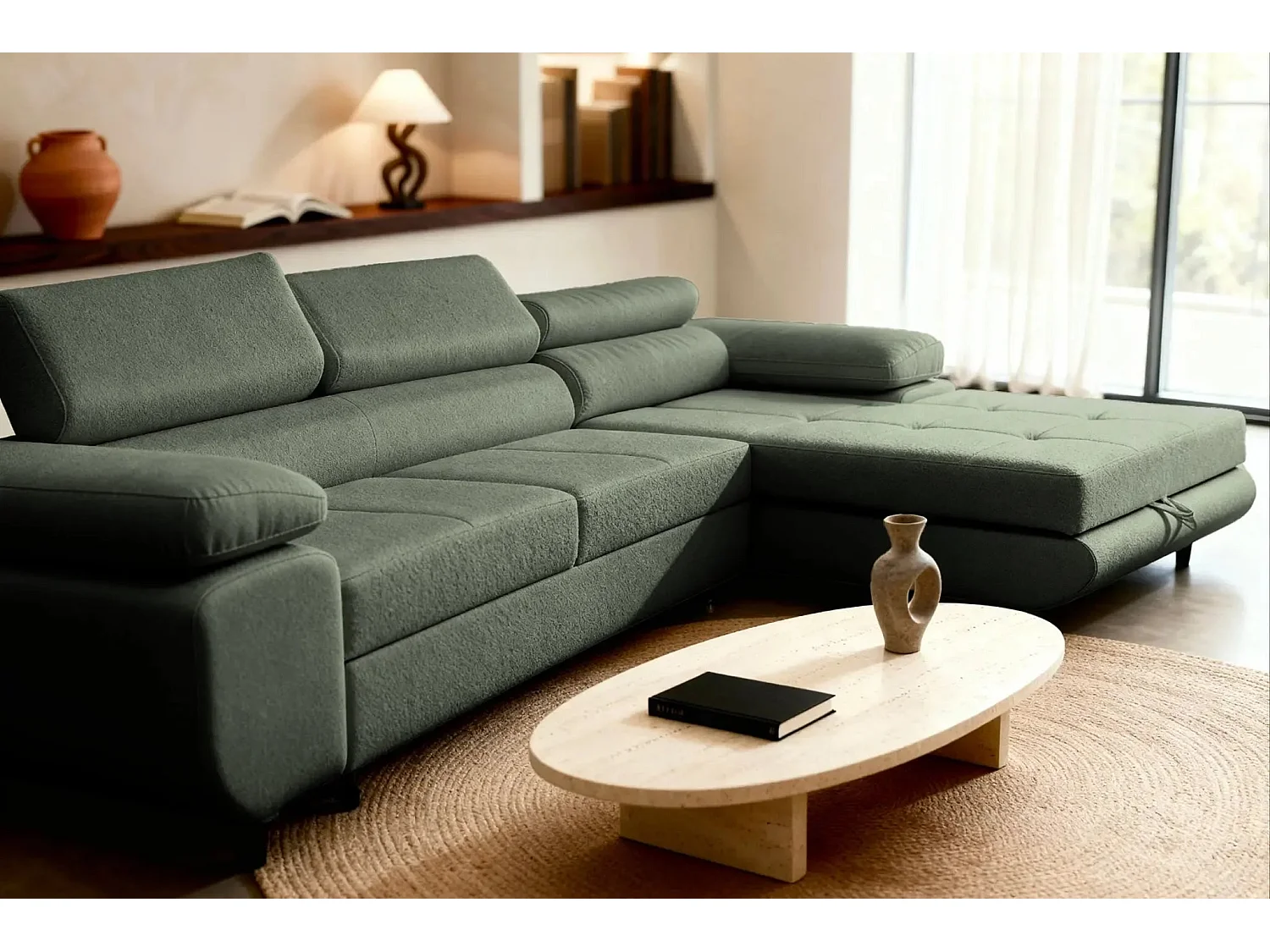 CHARLIE - Canapé d'angle convertible tissu chiné 4 places - Vert - Droit