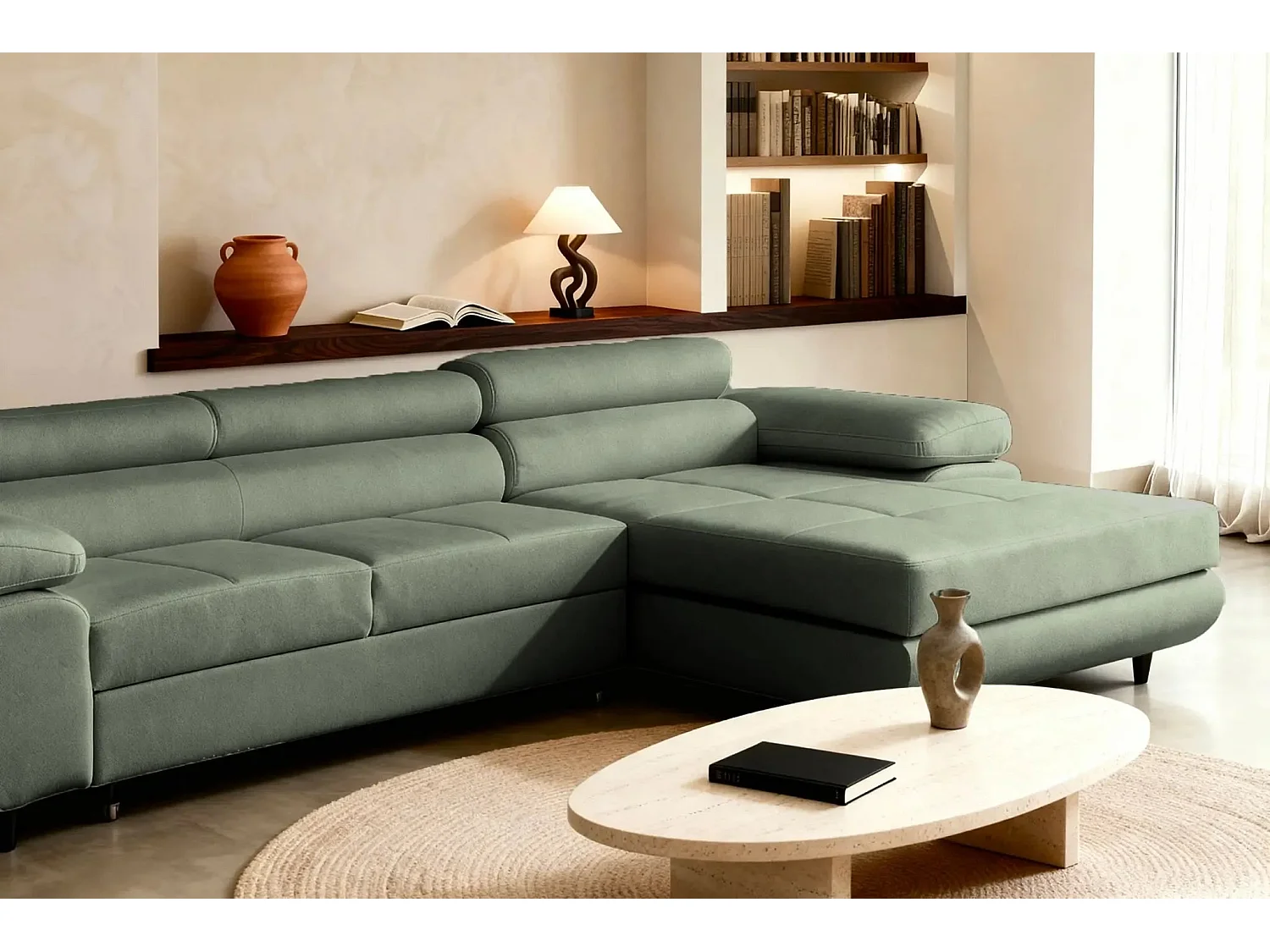 CHARLIE - Canapé d'angle convertible tissu chiné 4 places - Vert - Droit