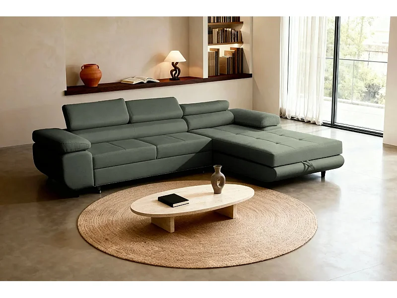 CHARLIE - Canapé d'angle convertible tissu chiné 4 places - Vert - Droit