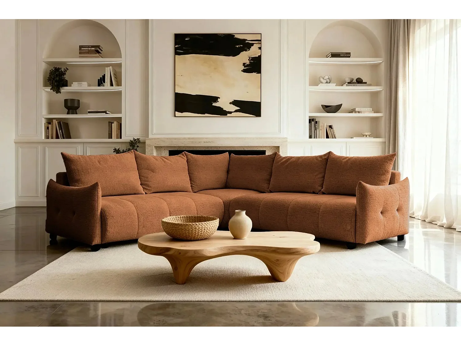 CELINE - Canapé panoramique convertible tissu chenille 5 places - Terracotta