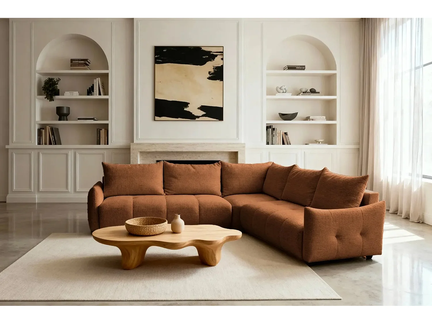 CELINE - Canapé panoramique convertible tissu chenille 5 places - Terracotta