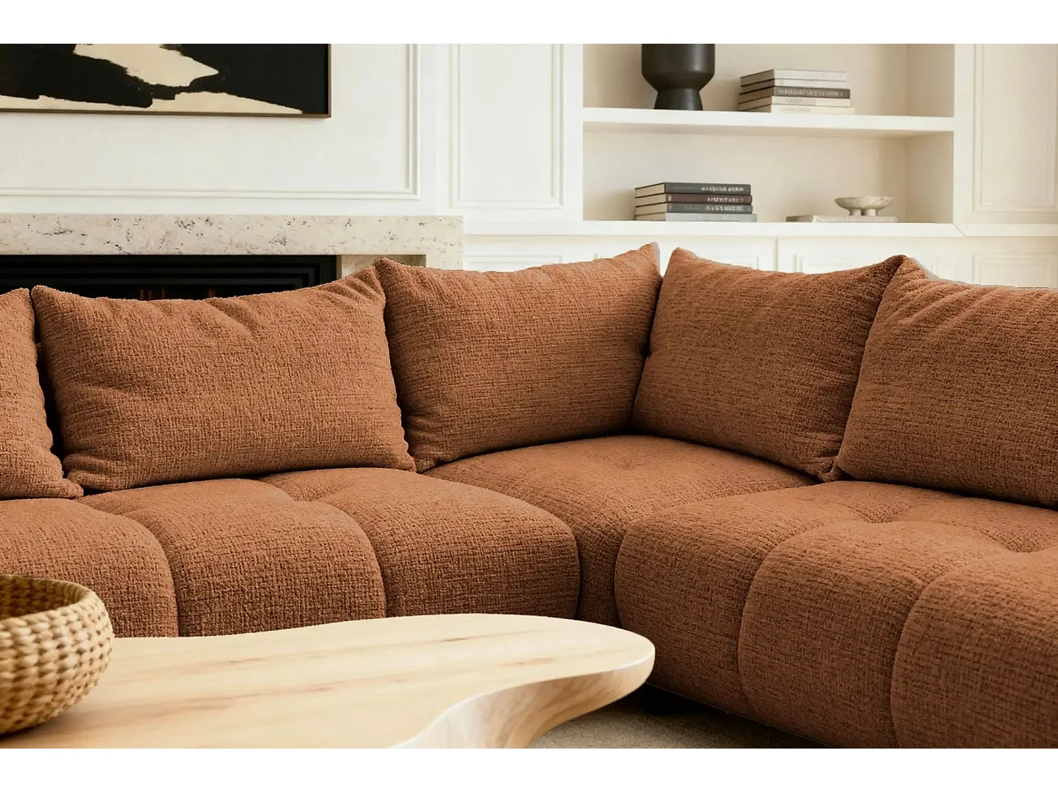 CELINE - Canapé panoramique convertible tissu chenille 5 places - Terracotta