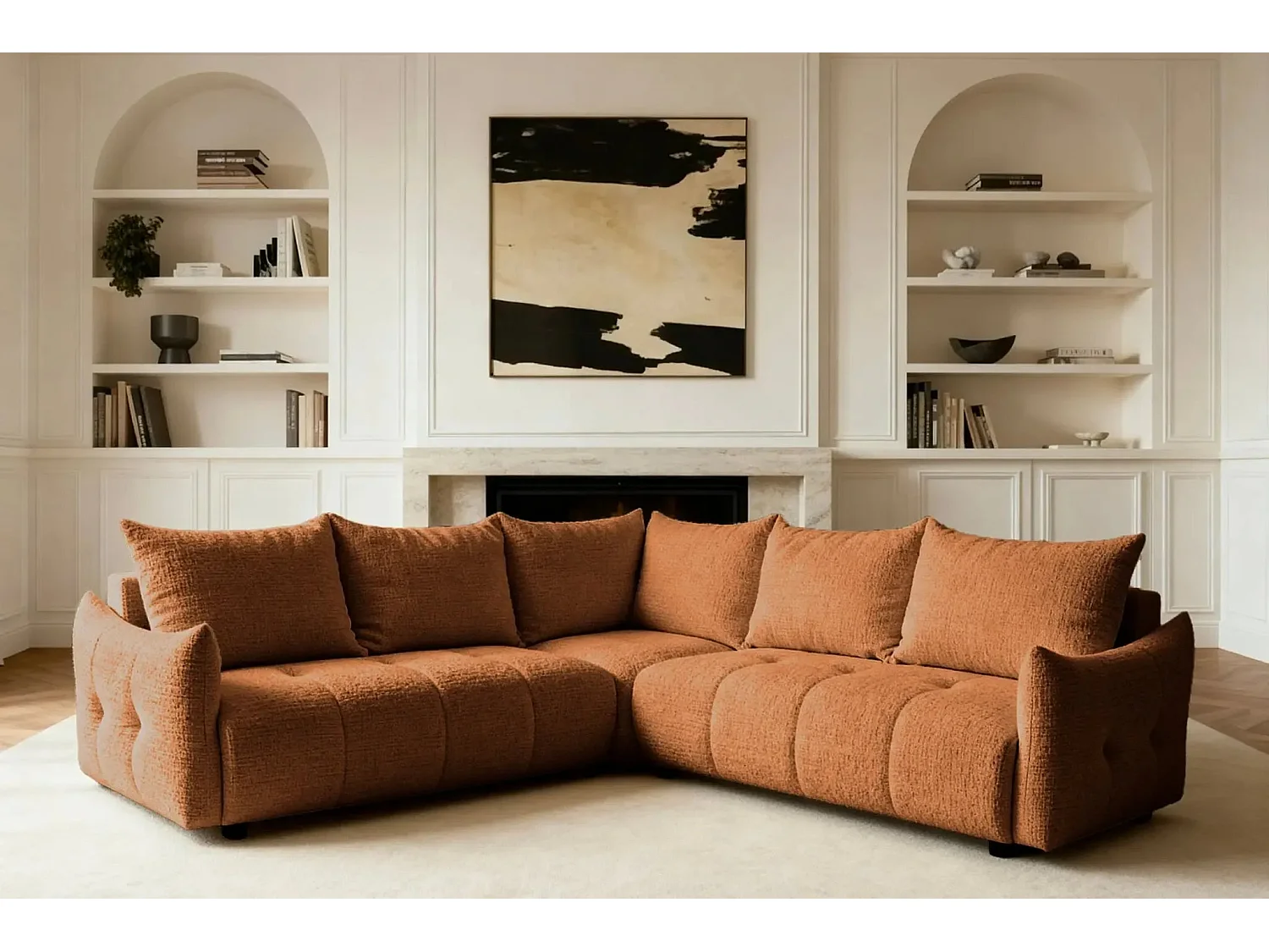 CELINE - Canapé panoramique convertible tissu chenille 5 places - Terracotta