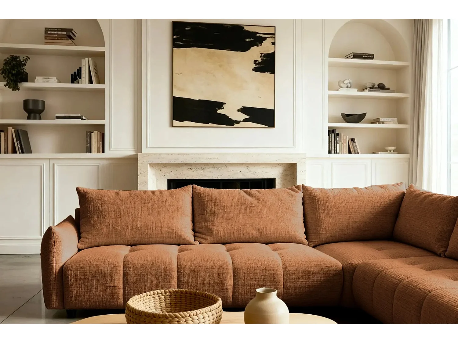 CELINE - Canapé panoramique convertible tissu chenille 5 places - Terracotta