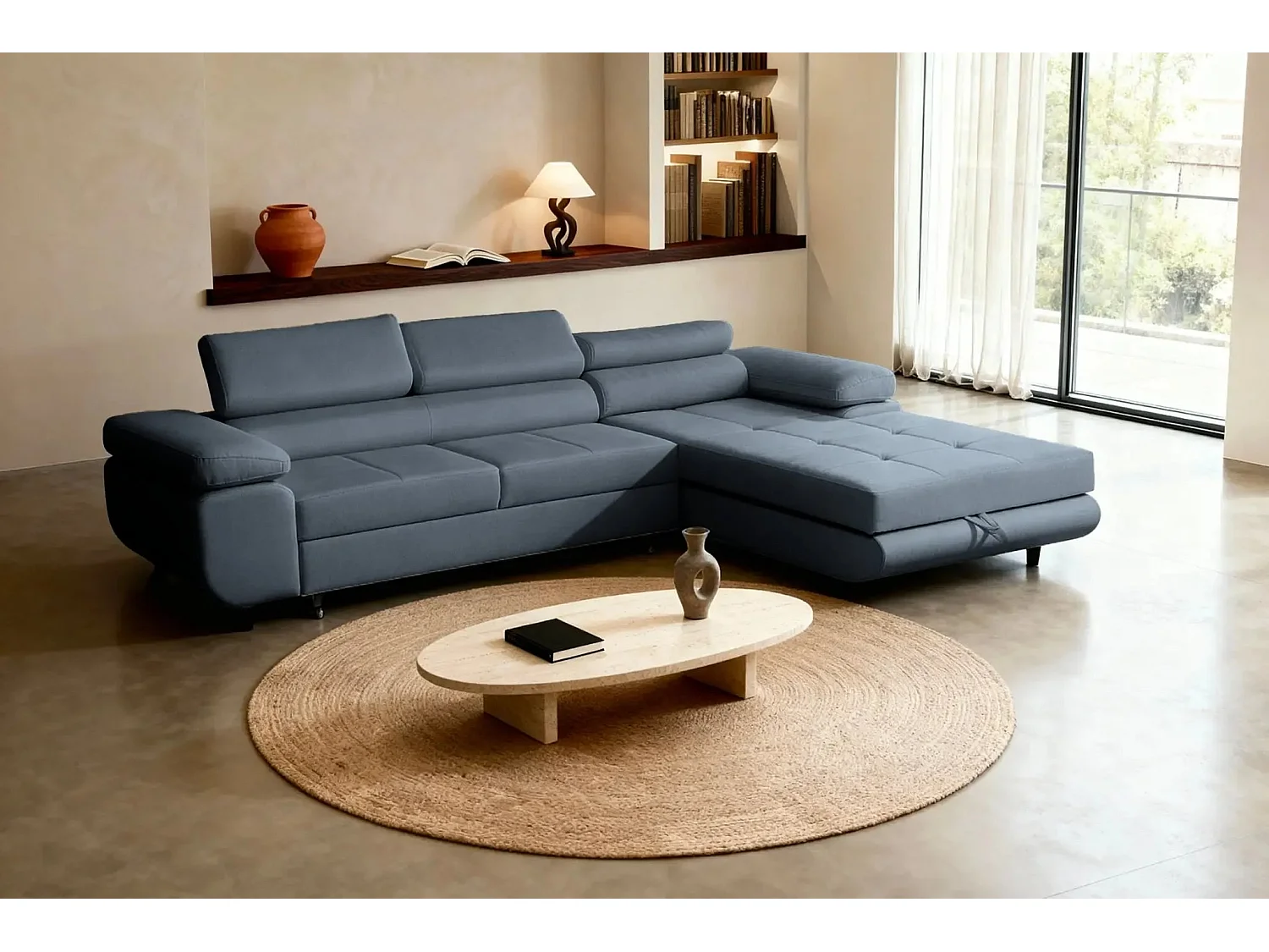 CHARLIE - Canapé d'angle convertible tissu chiné 4 places - Bleu - Droit