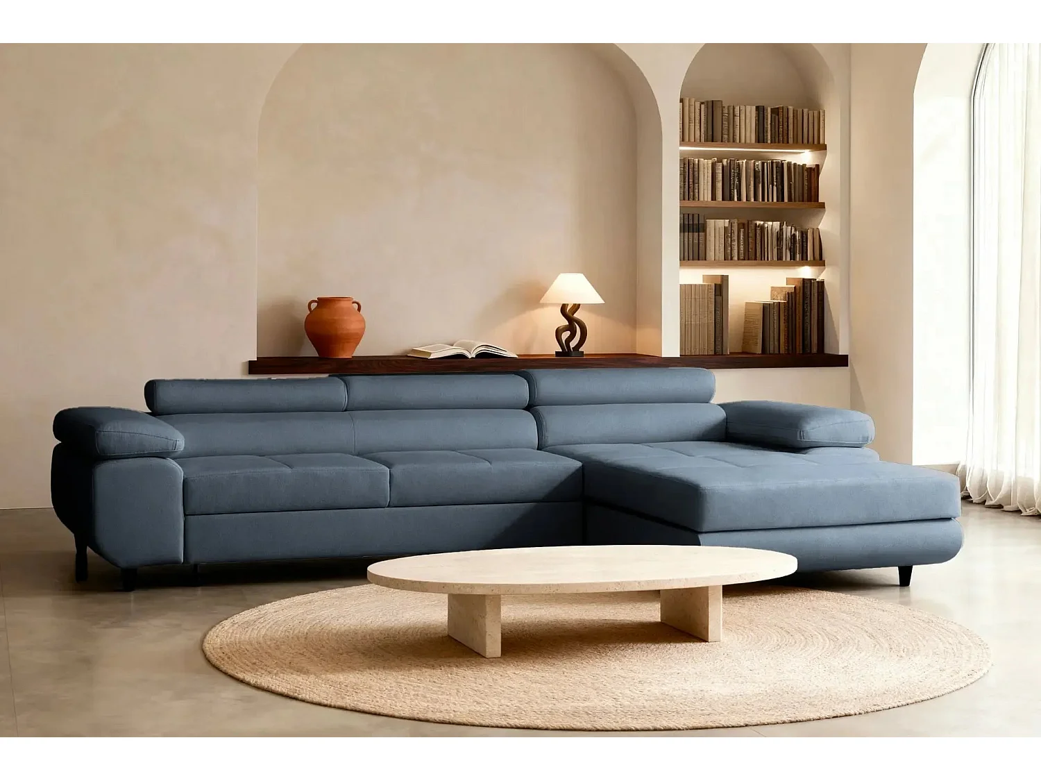 CHARLIE - Canapé d'angle convertible tissu chiné 4 places - Bleu - Droit