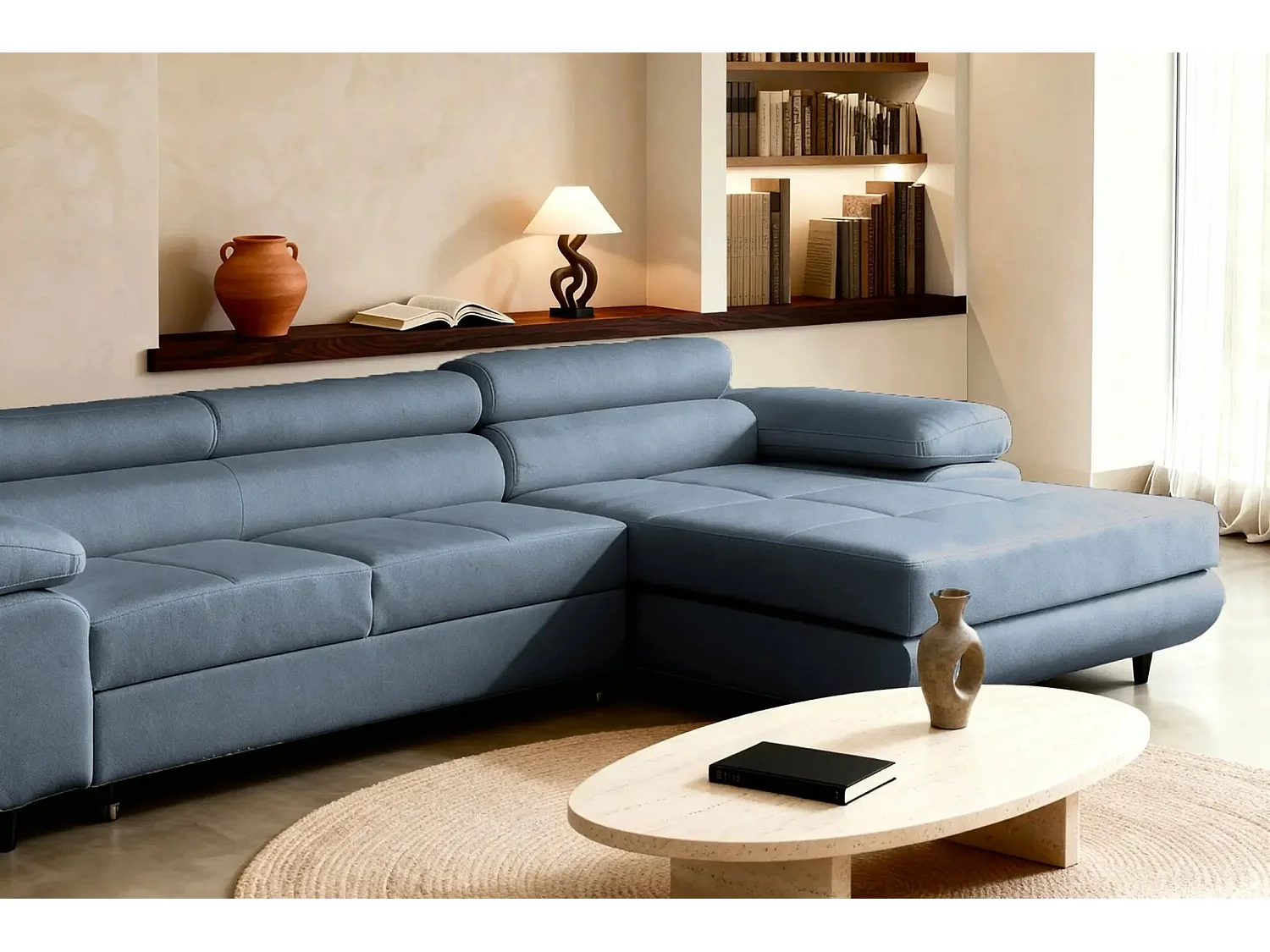 CHARLIE - Canapé d'angle convertible tissu chiné 4 places - Bleu - Droit