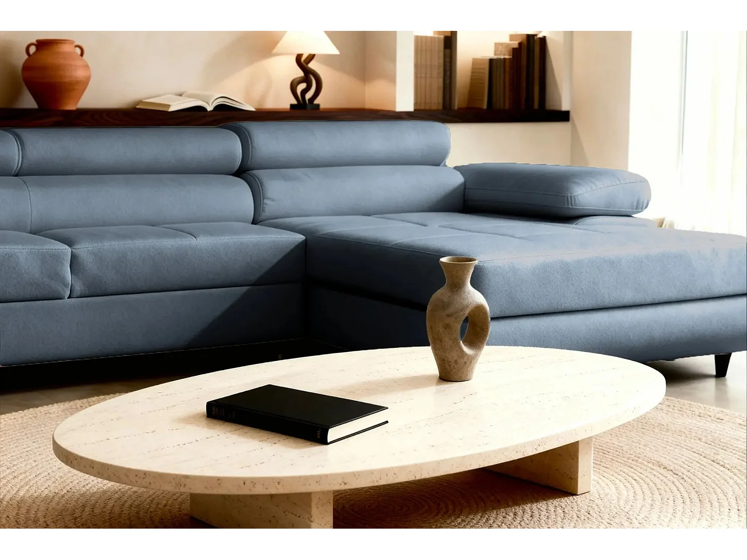 CHARLIE - Canapé d'angle convertible tissu chiné 4 places - Bleu - Droit