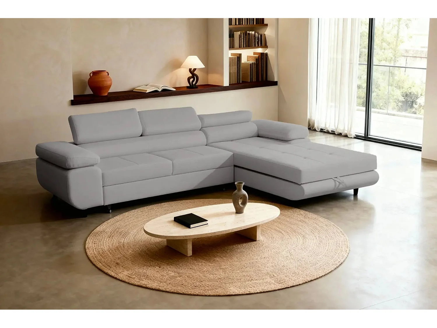 CHARLIE - Canapé d'angle convertible tissu chiné 4 places - Gris clair - Gauche