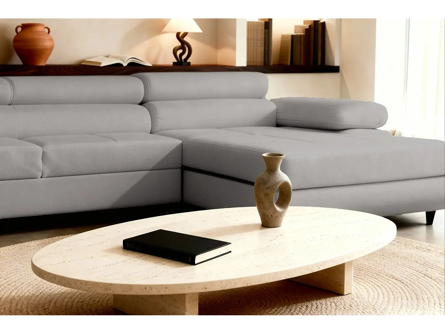 CHARLIE - Canapé d'angle convertible tissu chiné 4 places - Gris clair - Gauche