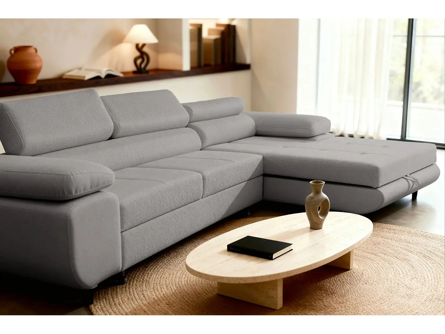 CHARLIE - Canapé d'angle convertible tissu chiné 4 places - Gris clair - Gauche