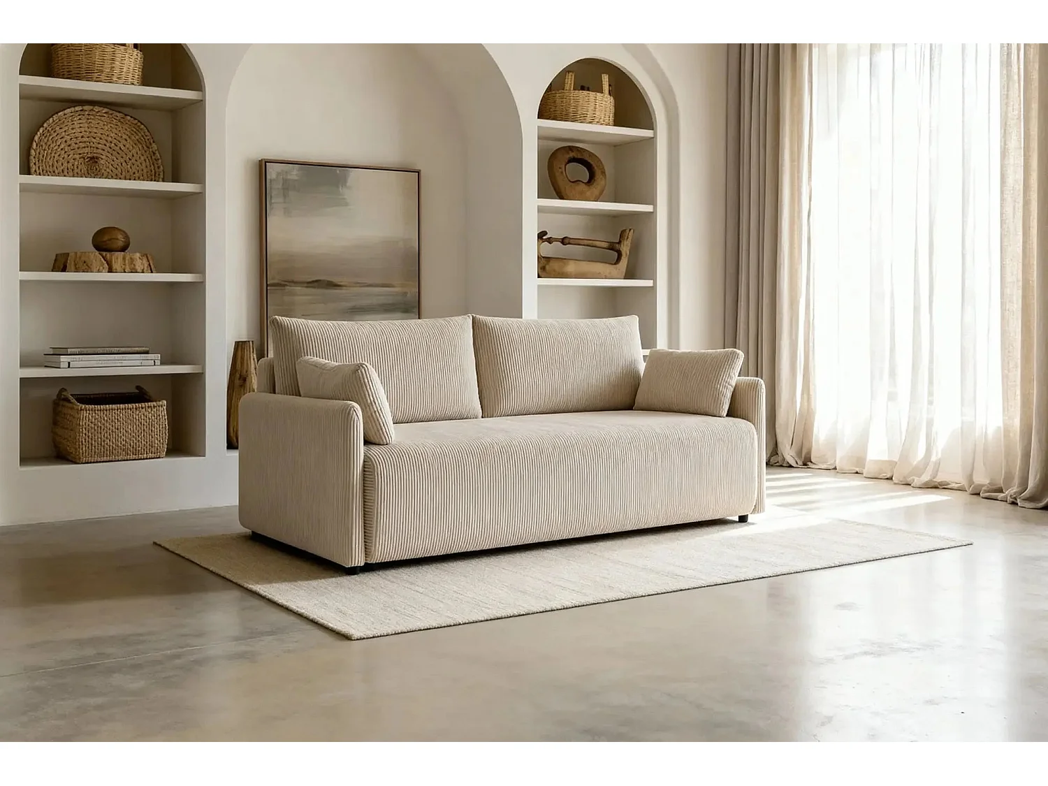 AXELLE - Canapé droit convertible velours côtelé 2 places - Beige