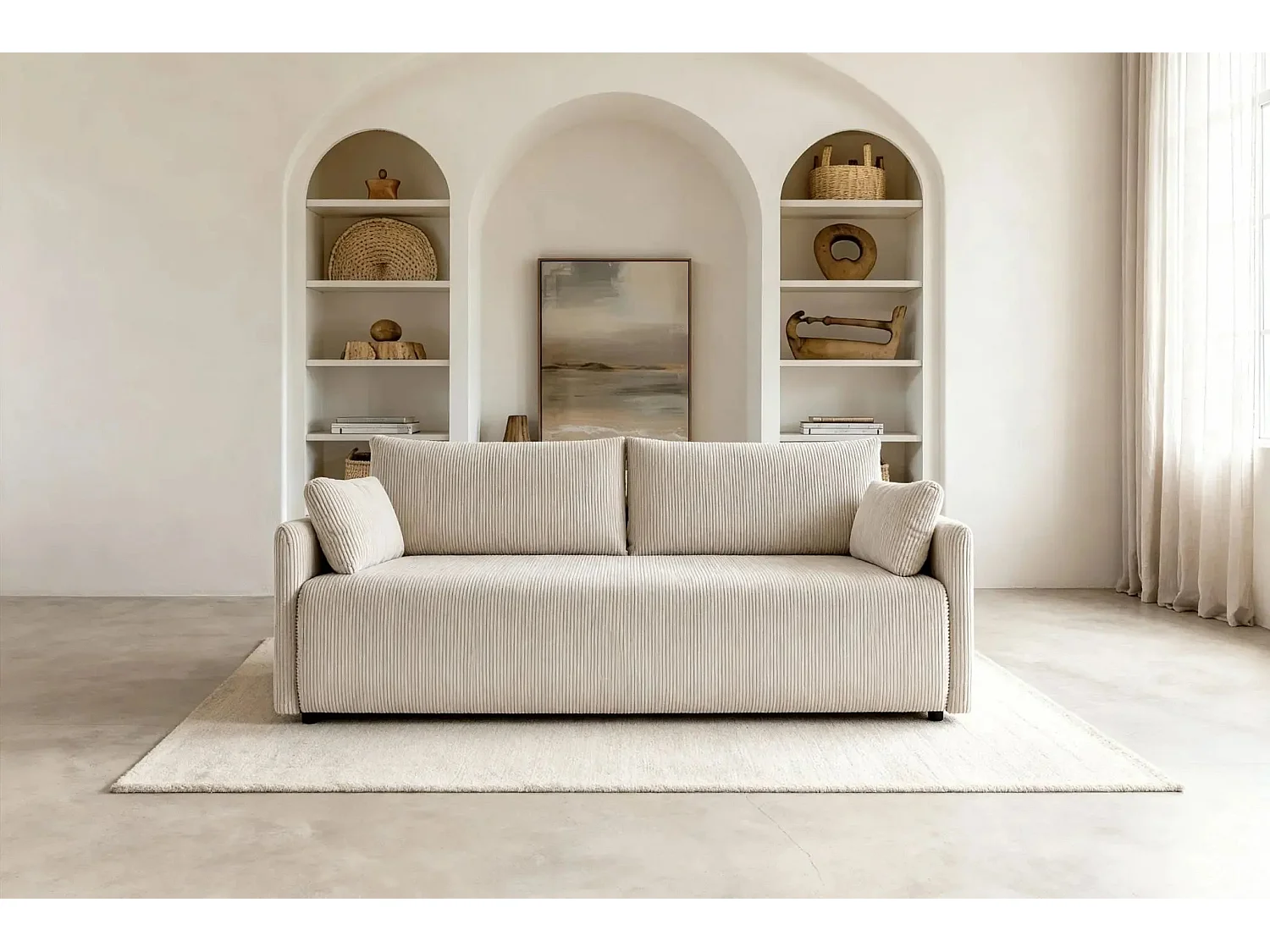 AXELLE - Canapé droit convertible velours côtelé 2 places - Beige