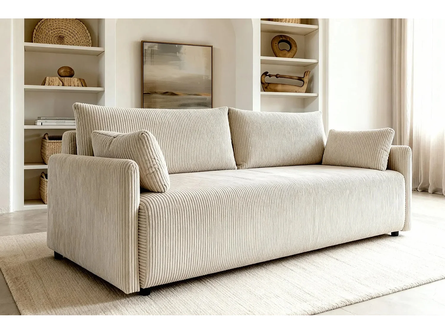 AXELLE - Canapé droit convertible velours côtelé 2 places - Beige