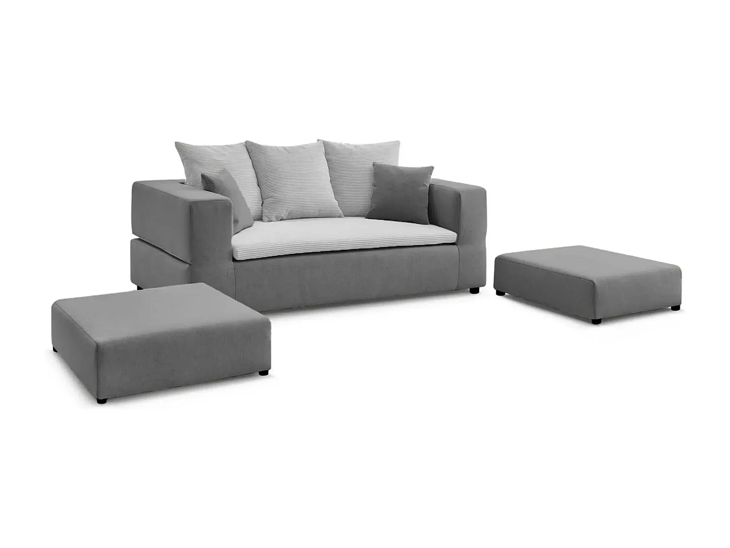 AMBRE - Canapé droit convertible bi matière avec deux poufs 4 places - Gris