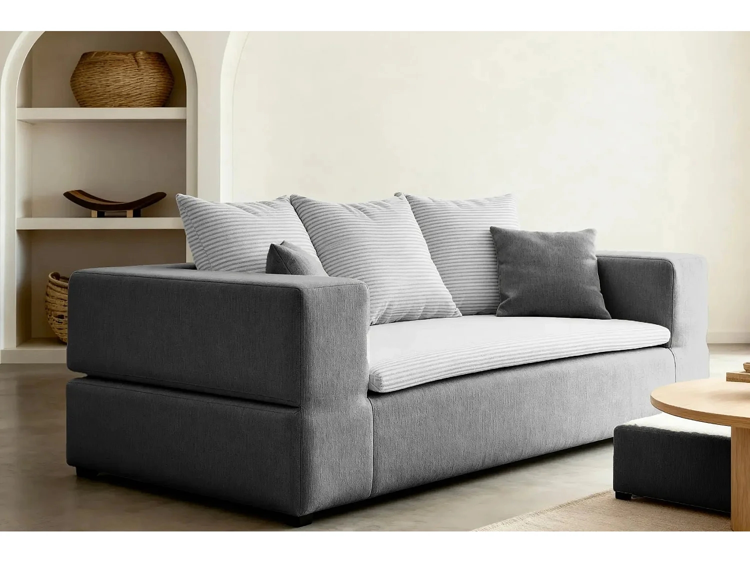 AMBRE - Canapé droit convertible bi matière avec deux poufs 4 places - Gris