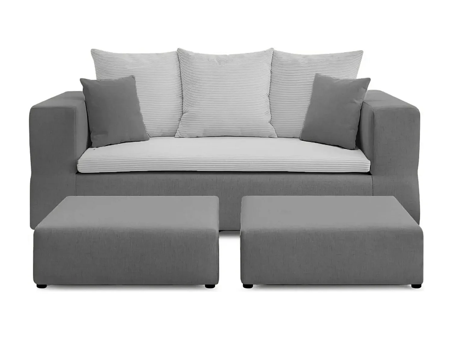 AMBRE - Canapé droit convertible bi matière avec deux poufs 4 places - Gris