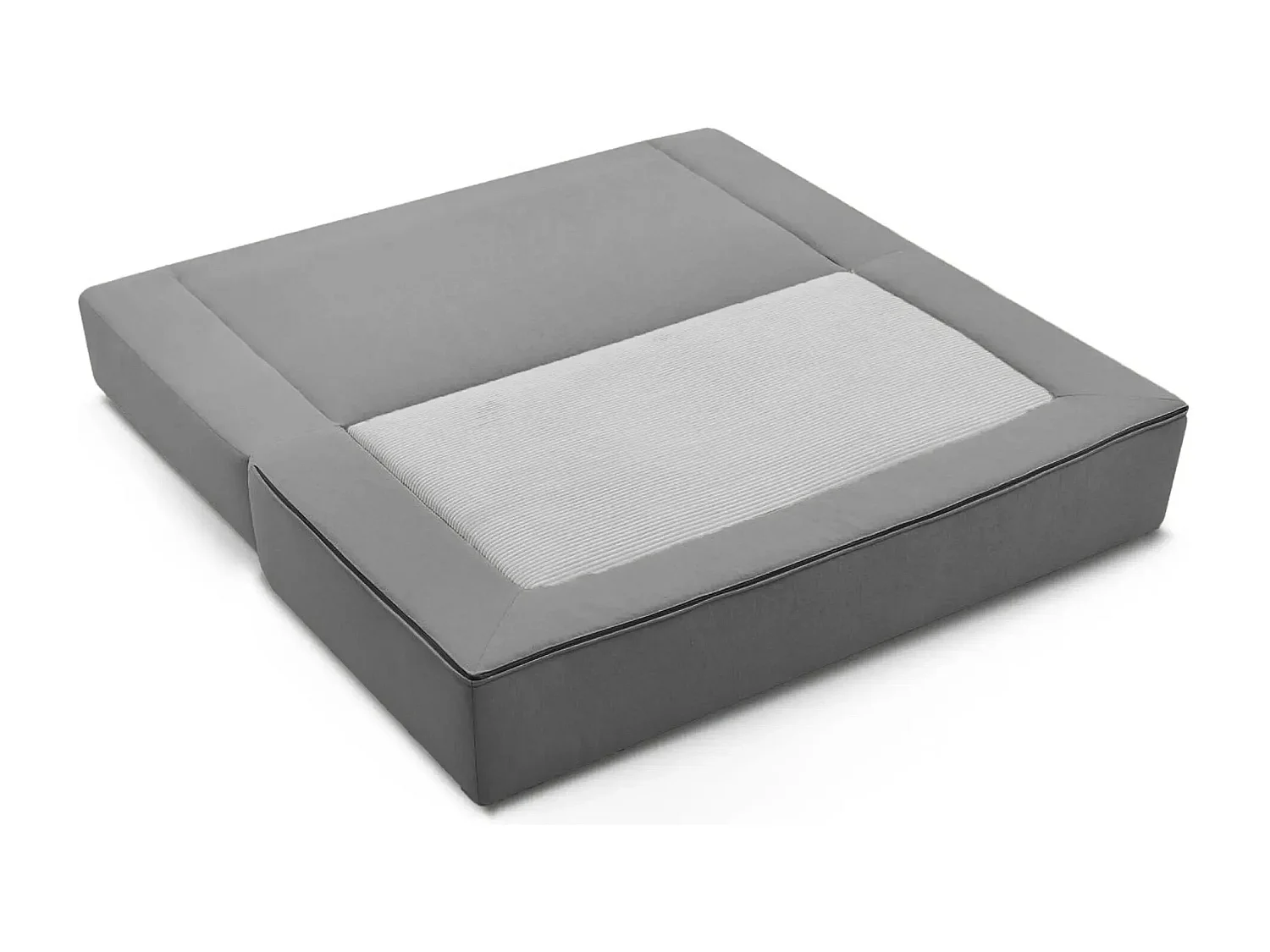 AMBRE - Canapé droit convertible bi matière avec deux poufs 4 places - Gris